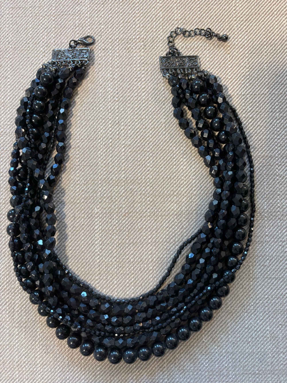 7 layer black faceted bead necklace pewter toned filigree clasp multi size beads